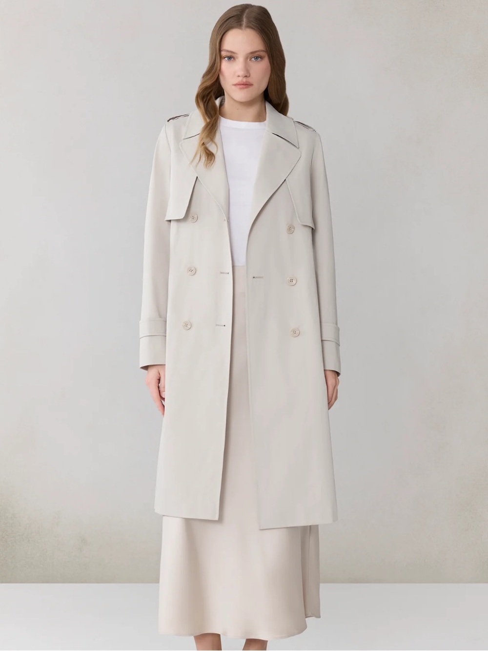 Soia & Kyo Long Trench Coat Light Beige Button Front Minimalist Size M